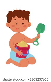 Happy boy play with sand. Vector illustration