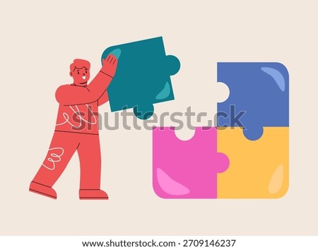Happy boy play solve puzzle. Colorful vector illustration