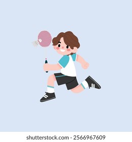 Happy Boy Playing Badminton Active Child Running with Racquet Cartoon Illustration