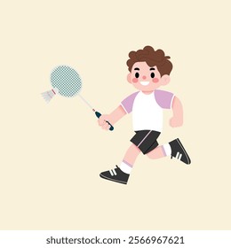 Happy Boy Playing Badminton Active Kid Cartoon Illustration Sporty Child Running with Racket