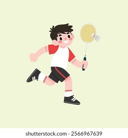 Happy Boy Playing Badminton Active Kid Running with Racket Shuttlecock Sport Illustration