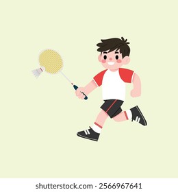 Happy Boy Playing Badminton Active Kid Running with Racquet Sporty Child Cartoon Illustration