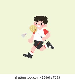 Happy Boy Playing Badminton Active Child Running with Racket and Shuttlecock Cartoon Illustration