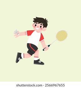 Happy Boy Playing Badminton Cartoon Illustration Active Child Sports Racket Shuttlecock