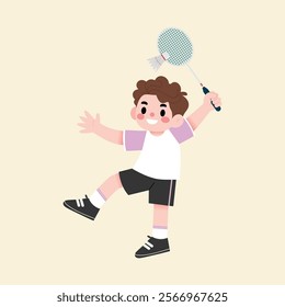 Happy Boy Playing Badminton Child Athlete Cartoon Illustration Active Kid Sports