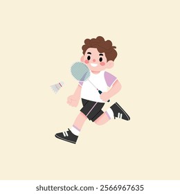 Happy Boy Playing Badminton Energetic Child Running with Racket and Shuttlecock Active Kid Sports