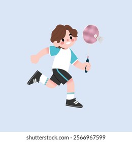 Happy Boy Playing Badminton Running with Racket Active Kid Summer Sports