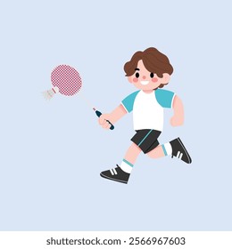 Happy Boy Playing Badminton Running with Racket and Shuttlecock Cartoon Illustration