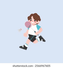 Happy Boy Playing Badminton Running with Racket and Shuttlecock Active Child Sport Illustration