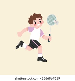 Happy Boy Playing Badminton Running with Racket Cartoon Illustration