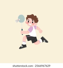 Happy Boy Playing Badminton Running Cartoon Illustration Active Kid Sports Shuttlecock
