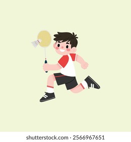 Happy Boy Playing Badminton Running with Racket Active Child Cartoon Illustration