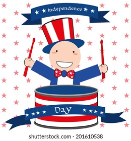 a happy boy playing a colored drum in independence day