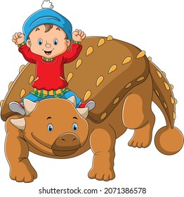 The happy boy is playing with the dinosaur angylosaurus of illustration
