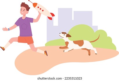 Happy boy playing with dog. Summer outside joy isolated on white background