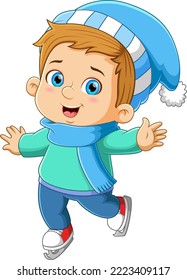 The happy boy is playing and doing the ice skating on the iced snow of illustration