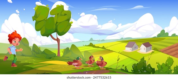 Happy boy playing with ducks on farm. Vector cartoon illustration of active child running on green summer field, cute domestic birds on grass, flowers on bushes, house in valley, rural childhood