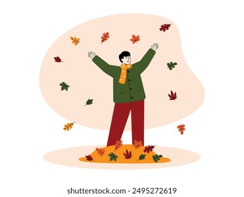 Happy boy playing with fallen leaves in fall season, vector illustration.