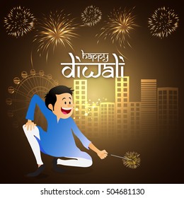 Fröhlicher Junge, der mit Feuerwehrleuten auf urbanem Stadtanschauungshintergrund für das Indian Festival of Lights spielt, Happy Diwali Feier.