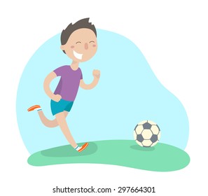 Happy boy playing football. Flat design. Vector illustration.