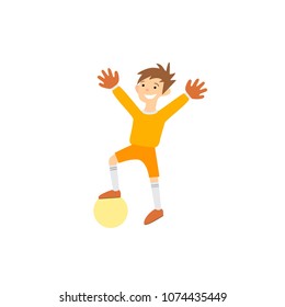 Happy boy playing football. Vector illustration. Flat character design.