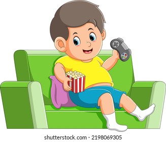 The happy boy is playing the game and eating the popcorn on the sofa of illustration