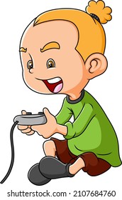 The happy boy is playing the game with the joy stick of illustration