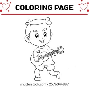 happy boy is playing guitar coloring page for kids