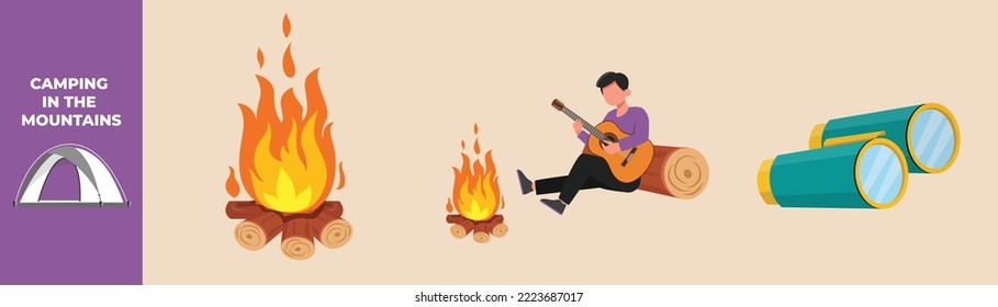 Niño feliz tocando guitarra frente a la hoguera y Binoculares. El concepto de equipo de camping. Ilustraciones vectoriales planas aisladas.