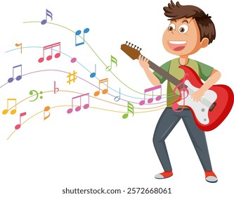 A happy boy playing guitar with vibrant notes