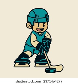 Happy Boy Playing Hockey Ice Cartoon