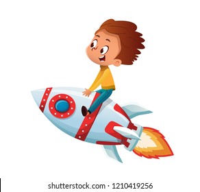 Happy Boy Playing And Imagine Himself In Space Driving An Toy Space Rocket. Vector Cartoon Illustration. Isolated.