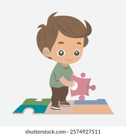 Happy Boy Playing with Jigsaw Puzzle Vector Illustration. A cheerful boy is assembling a colorful jigsaw puzzle, enjoying the activity with a bright smile on his face