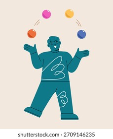 Glücklicher Junge, der Jonglierball spielt. Farbige Vektorgrafik