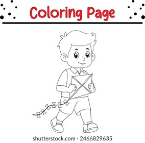 happy boy playing kite coloring book page for children