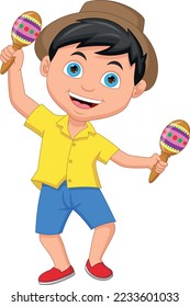 happy boy playing maracas on white background