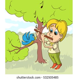 Happy Boy Playing On Flute a Glade. Vector illustration.