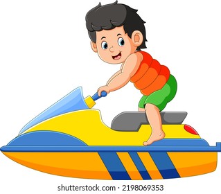 The happy boy is playing on the jet ski and riding on the beach of illustration