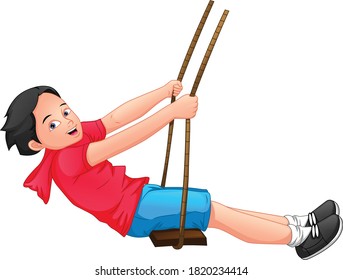 happy boy playing on the swing