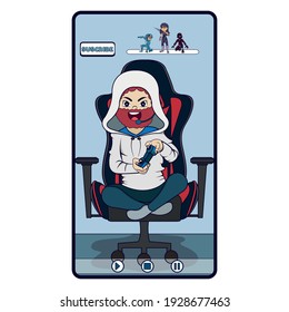 Happy boy playing online. Online streaming concept - Vector