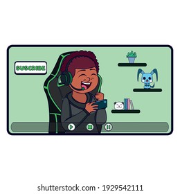 Niño feliz jugando en línea. Concepto de streaming en línea - Vector