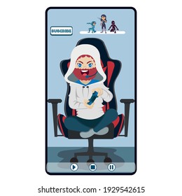 Happy boy playing online. Online streaming concept - Vector