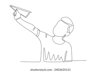 A happy boy playing paper airplane. Paper plane one-line drawing