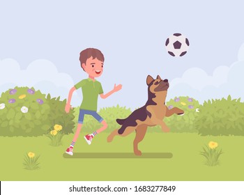 Happy boy playing with a pet dog friend outdoors. Kid and playful puppy enjoy fresh air activity, having fun in sport game for ball jump exercise in green park. Vector flat style cartoon illustration