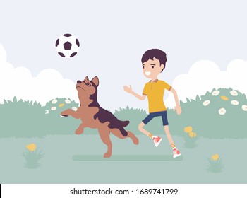 Happy boy playing with a pet dog friend outdoors. Kid and playful puppy enjoy fresh air activity, having fun in sport game for ball jump exercise in green park. Vector illustration