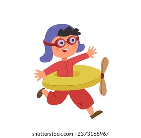 Happy boy playing in pilot costume wearing a helmet and aviator glasses. A child flies a handmade airplane from swimming ring. Vector illustration in cartoon flat style
