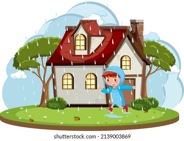 Niño feliz jugando a la lluvia frente a la ilustración de la caricatura de la casa