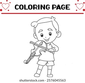 happy boy is playing rubbing violin with stick coloring page for kids