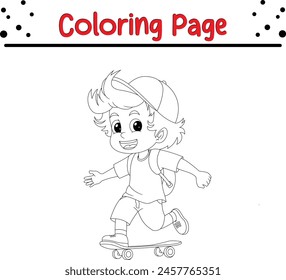 happy boy playing skateboard coloring book page for kids.