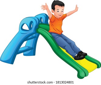 happy boy playing slide on a white background